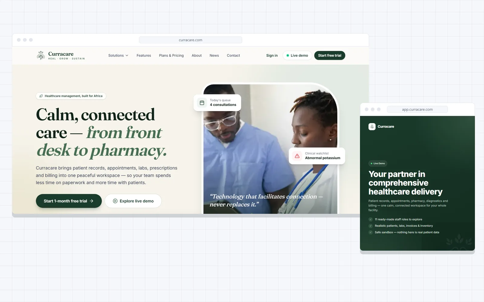 Mock-up of the curracare.com website ("Calm, connected care, from front desk to pharmacy") and the Curracare app at app.curracare.com
