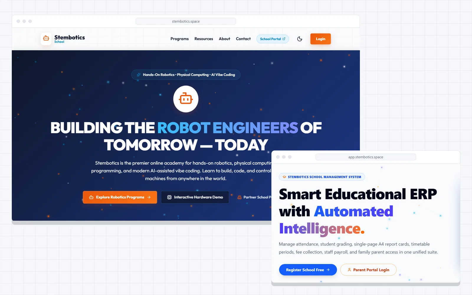 Mock-up of stembotics.space and the Stembotics School Management System at app.stembotics.space